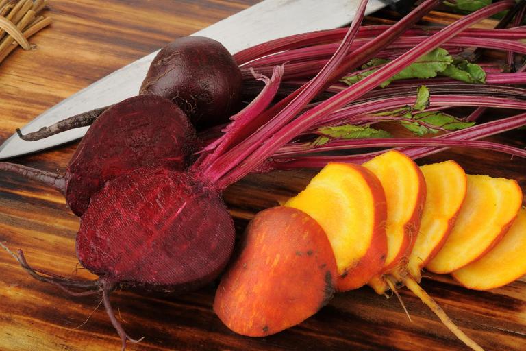 sliced red beets and golden beets